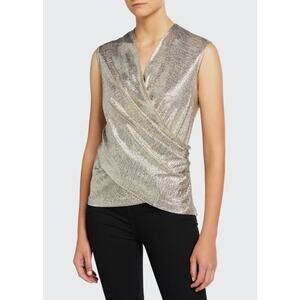 Ramy Brook Rumi Top Metallic Silver Shell Size XS Faux Wrap New Years Party
